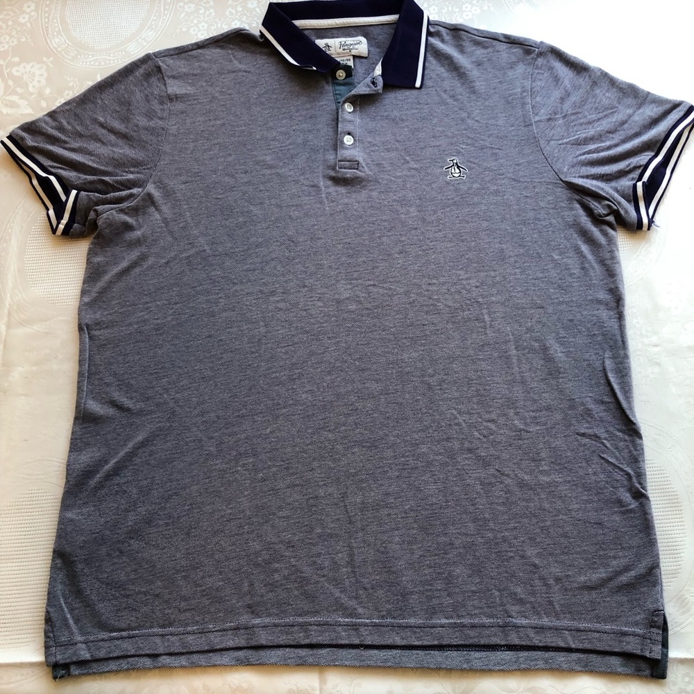 Original Penguin Men’s Size XL The Tipped Birdseye Polo Shirt Slim Pique Blue